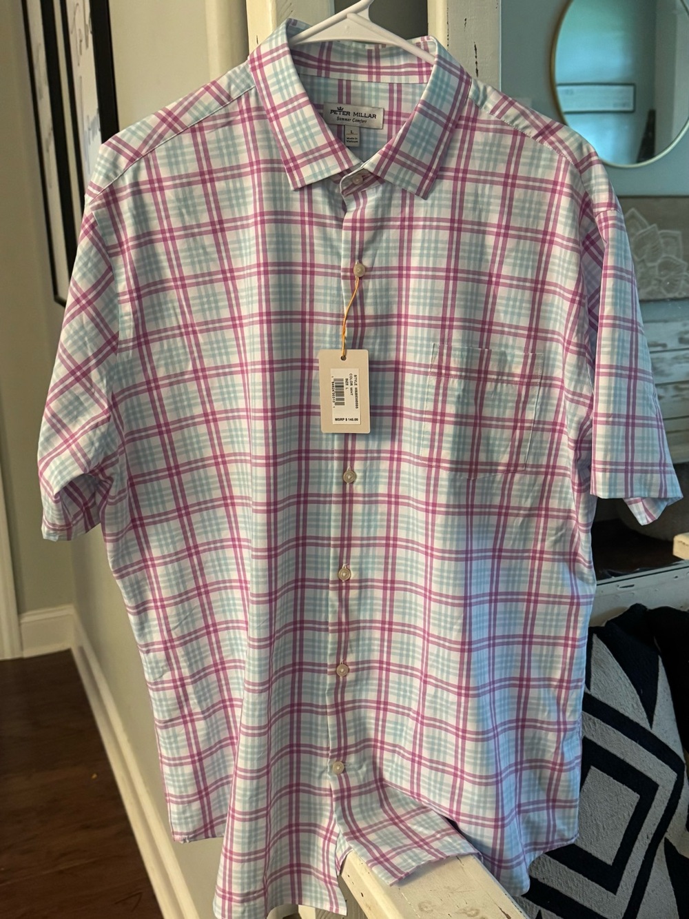 Peter Millar Short-Sleeve Plaid Button-Down Shirt in Pink and Light Blue. preppy
